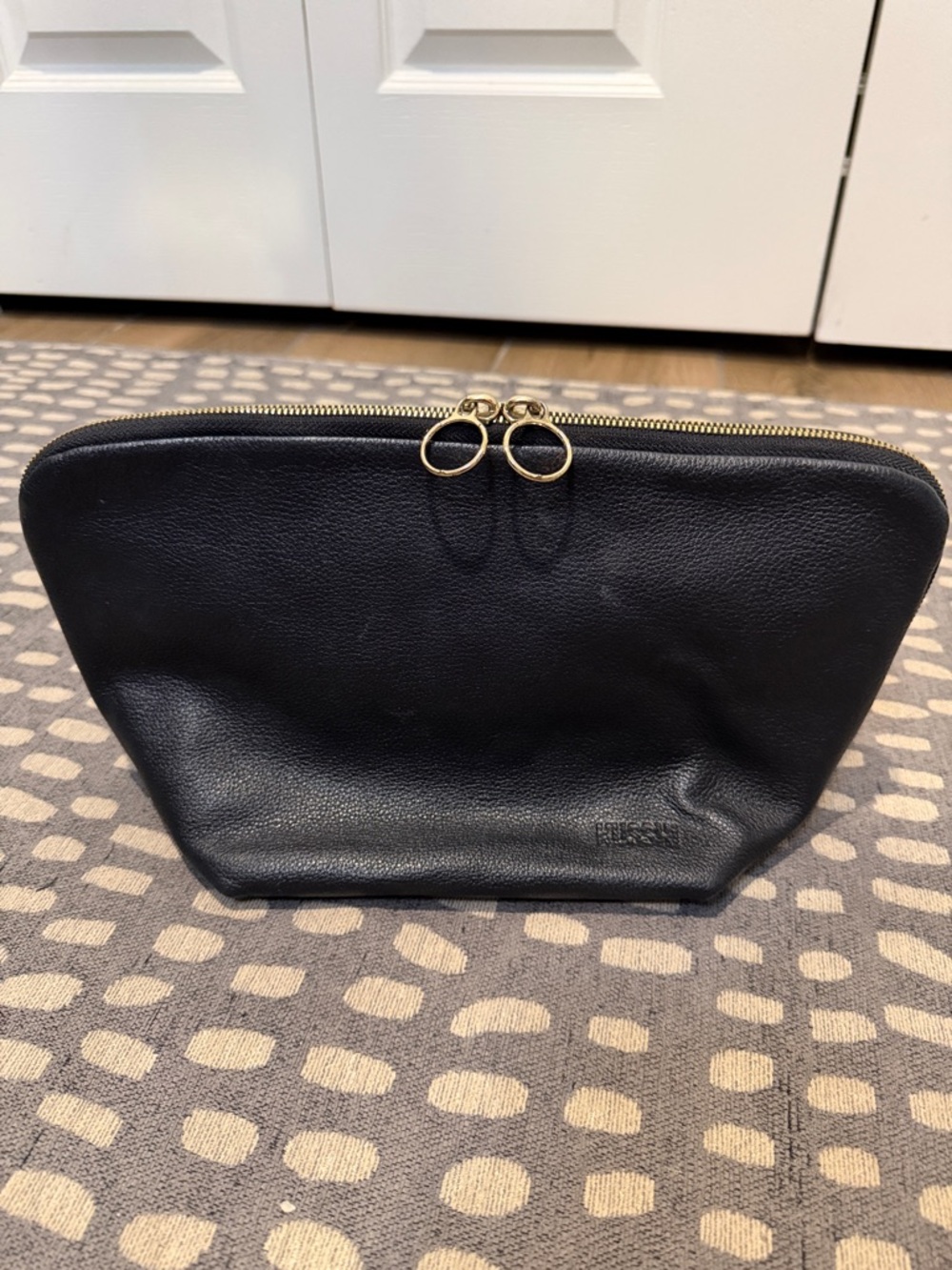 KUSSHI Vacationer Large Black Leather Cosmetic Pouch with Gold Zipper